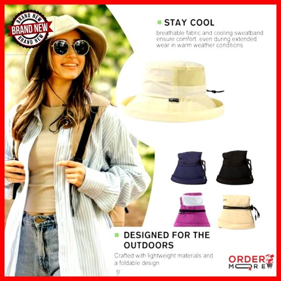 Wide Brim Bucket Sun Hat with Ponytail Hole UPF 50 Packable Travel